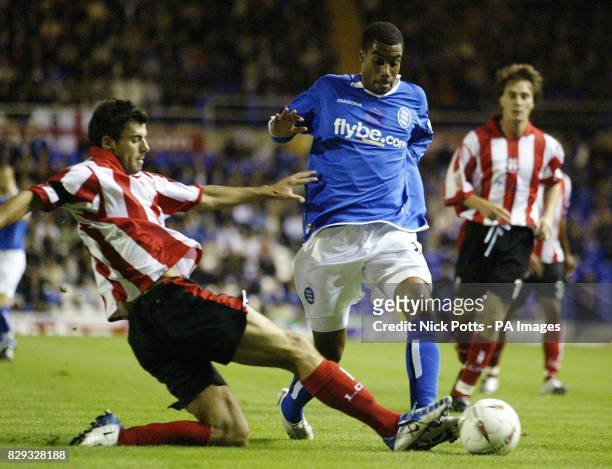 Birmingham City's Julian Gray is tackled by Lincoln City's Richard Butcher during their Carling Cup second round match at St Andrews, Birmingham....
