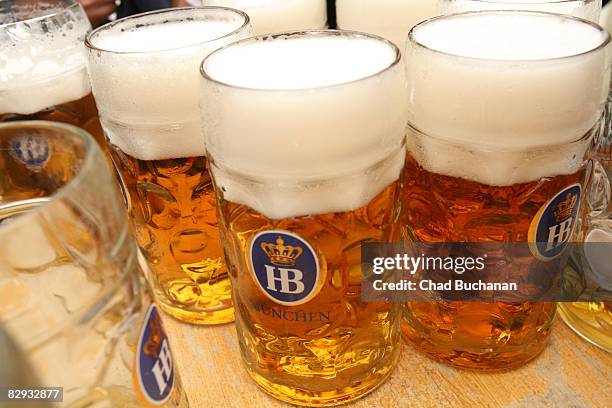 Beer on a table at the Hofbraeu tent during day 2 of the Oktoberfest beer festival on September 21, 2008 in Munich, Germany. The Oktoberfest is seen...