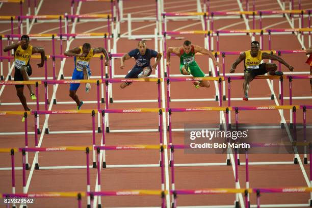 16th IAAF World Championships: Jamaica Hansle Parchment. Barbados Shane Brathwaite, France Garfield Darien, Hungary Balázs Baji and Jamaica Omar...