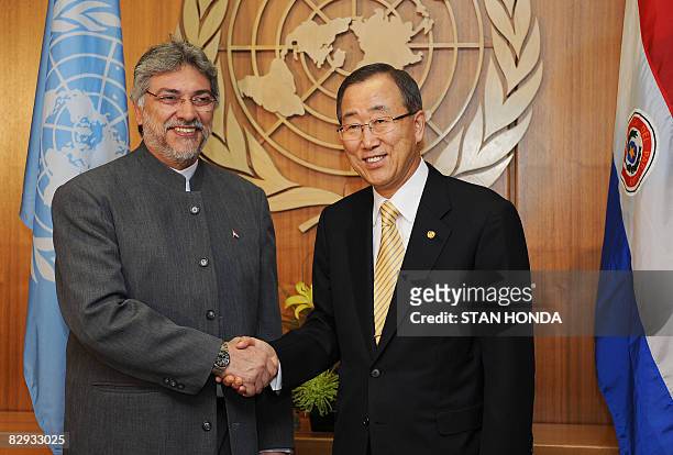 Fernando Lugo , President of Paraquay, shakes hands with United Nations Secretary General Ban Ki-Moon before their meeting September 21, 2008 at UN...