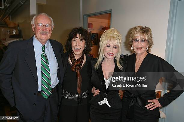 Actors Dabney Coleman, Lily Tomlin, Dolly Parton and Jane Fonda pose backstage after the world premiere of of "9 to 5: The Musical" at Center Theatre...