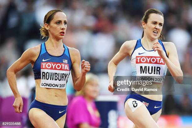 Laura Muir of Great Britain and Shannon Rowbury of the United States compete in the womnes 5000 metres heats during day seven of the 16th IAAF World...