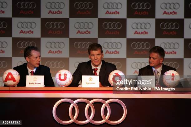 Manchester United's commercial director Andy Anson, chief executive David Gill and Audi's Gary Savage during the annoucement that united are set to...