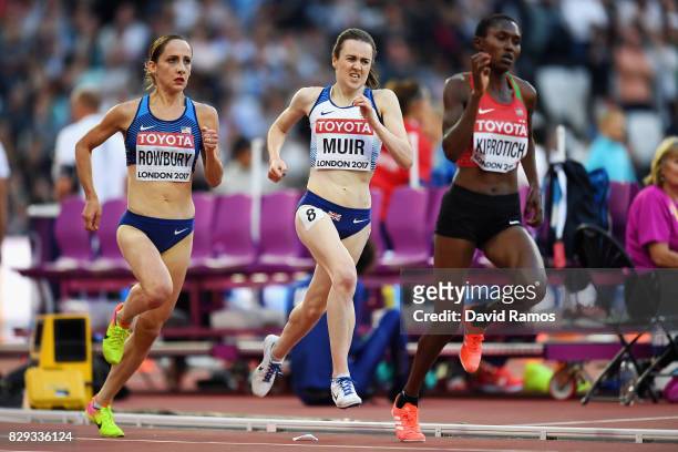 Laura Muir of Great Britain and Shannon Rowbury of the United States compete in the womnes 5000 metres heats during day seven of the 16th IAAF World...