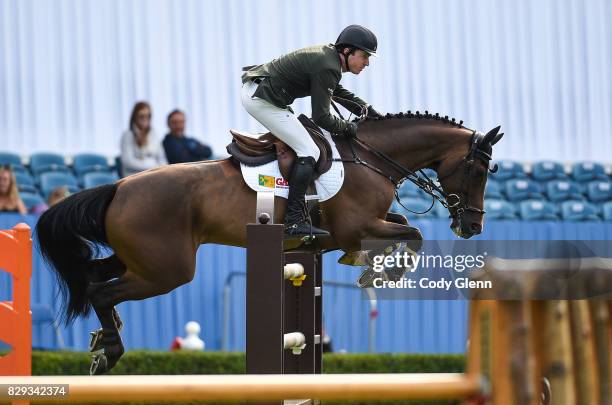 Dublin , Ireland - 10 August 2017; Greg Broderick of Ireland competing on Chinook II during the jump-off portion on their way to a third place finish...