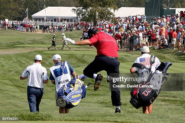 Boo Weekley of the USA team clowns around as he walks off the first tee during the singles matches on the final day of the 2008 Ryder Cup at Valhalla...