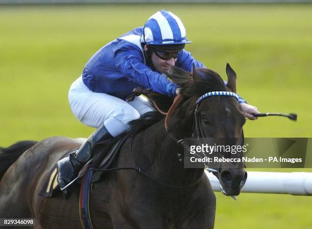 Qadar, ridden by Richard Hills, wins The Menzies Distribution EBF Maiden Stakes at Lingfield Races.