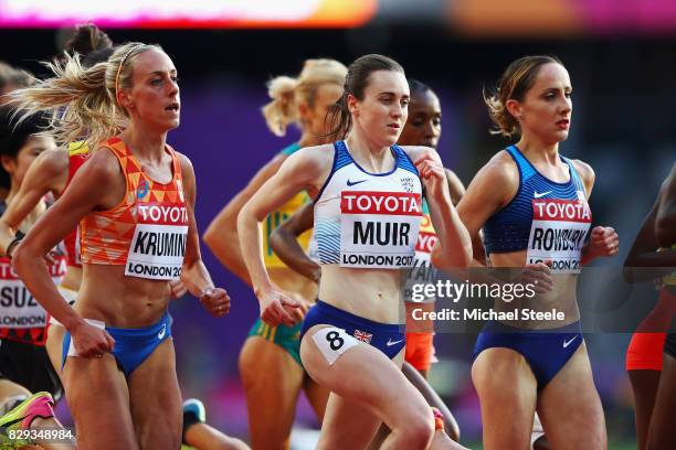 Susan Krumins of Netherlands, Laura Muir of Great Britain and Shannon Rowbury of United States compete in the womens 5000 metres heats during day...