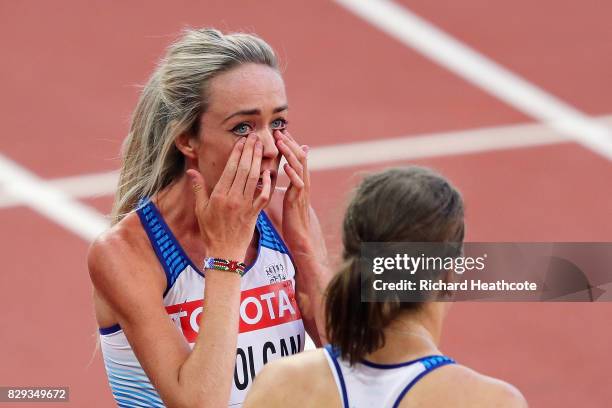 Eilish McColgan of Great Britain wipes away tears as she waits the result of heat two of the womens 5000 metres heats during day seven of the 16th...