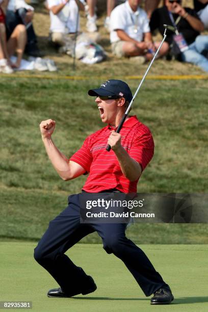 Hunter Mahan of the USA team celebrates making a birdie on the 17th hole during the singles matches on the final day of the 2008 Ryder Cup at...