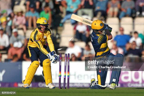 Nick Selman of Glamorgan is bowled out by Mason Crane of Hampshire while wicket keeper Calvin Dickinson looks on during the NatWest T20 Blast match...