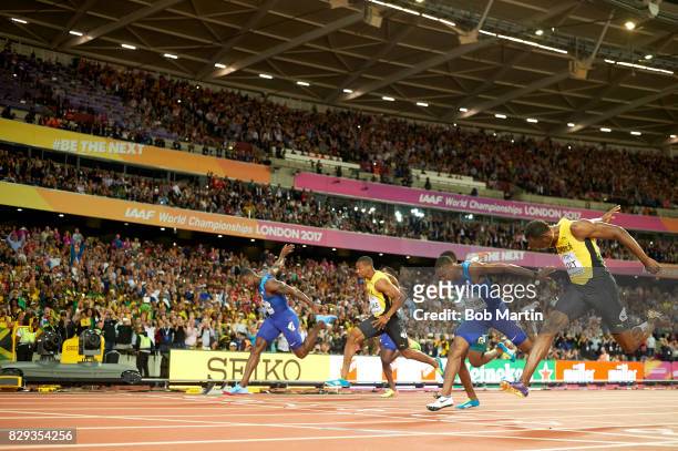 16th IAAF World Championships: USA Justin Gatlin, Jamaica Yohan Blake. USA Christian Coleman and Jamaica Usian Bolt during Men's 100M race at Olympic...