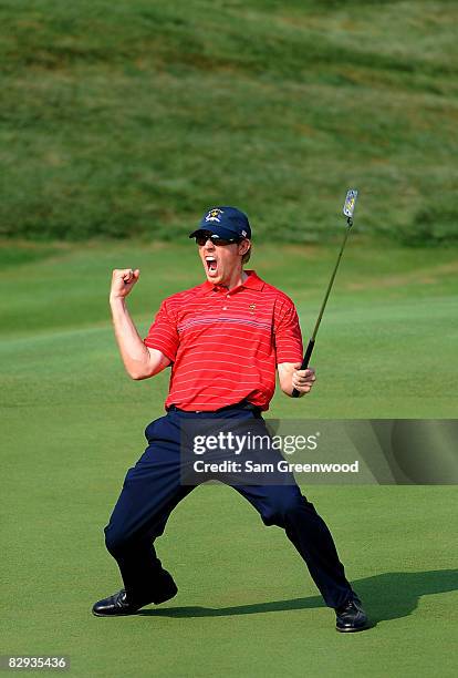 Hunter Mahan of the USA team celebrates making a birdie on the 17th hole during the singles matches on the final day of the 2008 Ryder Cup at...