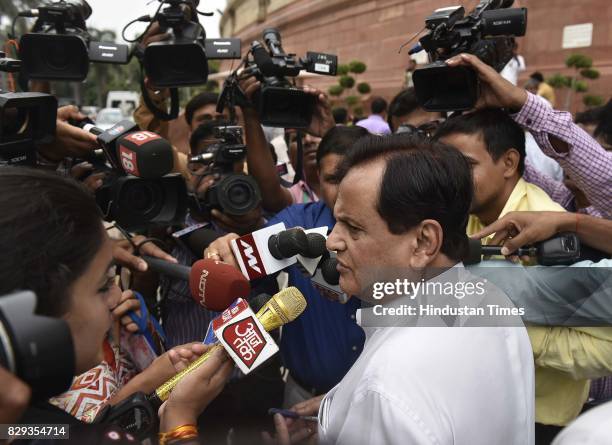 Congress leader Ahmed Patel arrives at Parliament for the Monsoon Session on August 10, 2017 in New Delhi, India.