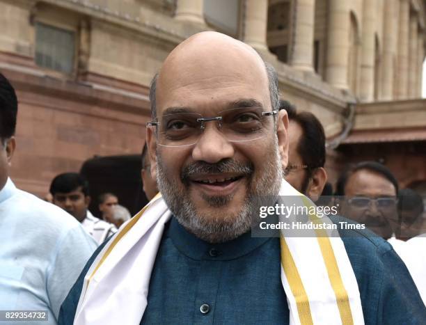 President Amit Shah arrives at Parliament for the Monsoon Session on August 10, 2017 in New Delhi, India.