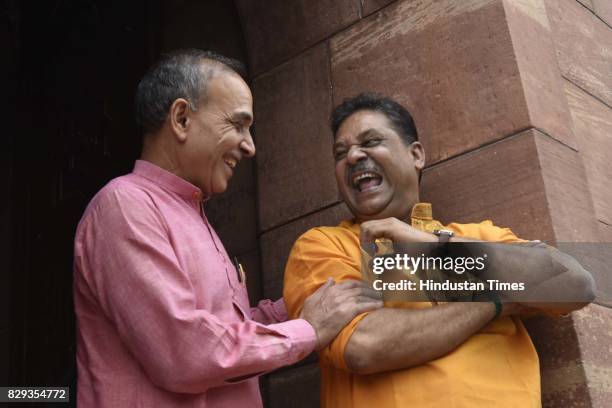 Leaders Satya Pal Singh and Kirti Azad leave after the Monsoon Session at Parliament on August 10, 2017 in New Delhi, India.