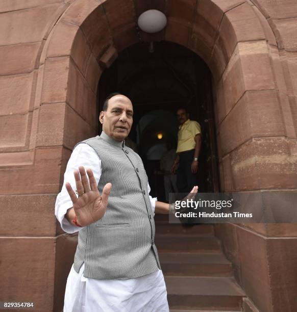 Union Home Minister Rajnath Singh arrives at Parliament for the Monsoon Session on August 10, 2017 in New Delhi, India.