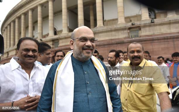 President Amit Shah arrives at Parliament for the Monsoon Session on August 10, 2017 in New Delhi, India.
