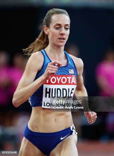 Molly Huddle of United States competes in the womens 5000 metres heats during day seven of the 16th IAAF World Athletics Championships London 2017 at...