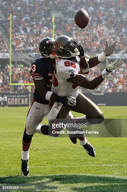 Maurice Stovall of the Tampa Bay Buccaneers attempts to catch a ball against Charles Tillman of the Chicago Bears at Soldier Field on September 21,...