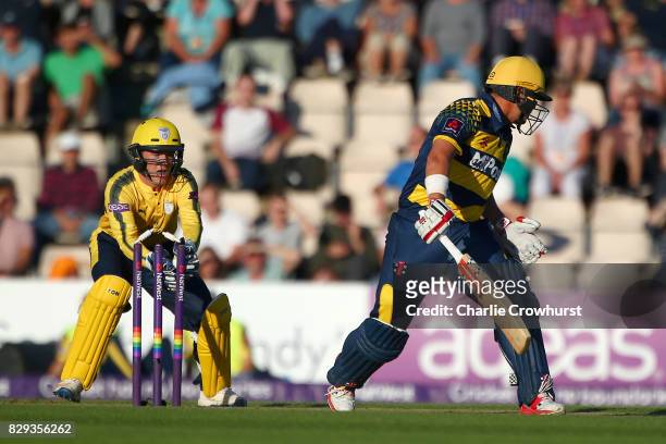 Jacques Rudolph of Glamorgan looks on as he is stumped by Calvin Dickinson of Hampshire off of the bowling of Mason Crane during the NatWest T20...