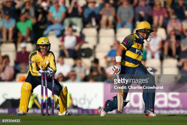 Jacques Rudolph of Glamorgan looks on as he is stumped by Calvin Dickinson of Hampshire off of the bowling of Mason Crane during the NatWest T20...