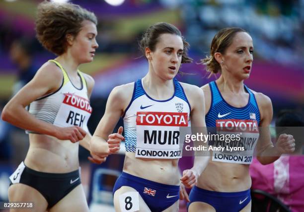 Alina Reh of Germany, Laura Muir of Great Britain and Shannon Rowbury of United States compete in the womens 5000 metres heats during day seven of...