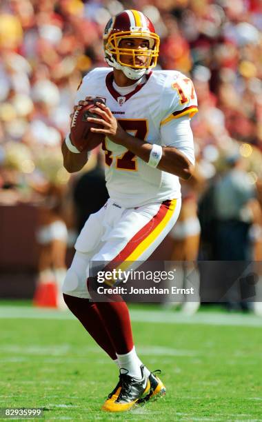 Jason Campbell of the Washington Redskins looks to throw the ball against the Arizona Cardinals at FedEx Field September 21, 2008 in Landover,...