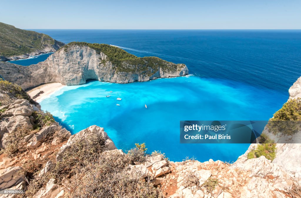 Zakynthos, Greek Islands. Elevated view of famous Navagio shipwreck beach