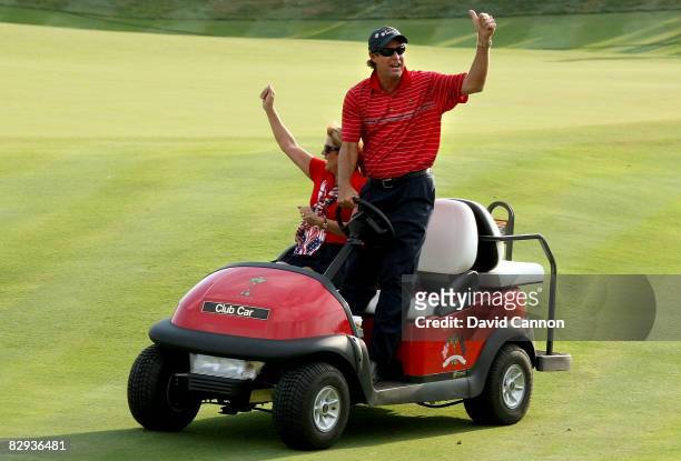 Team captain Paul Azinger celebrates alongside his wife Toni after the USA won the Ryder Cup during the final day of the 2008 Ryder Cup at Valhalla...