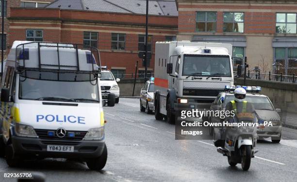 Police escort brings David Bieber to Newcastle Crown Court, where he is on trial accused of murdering traffic policeman Ian Broadhurst on Boxing Day....