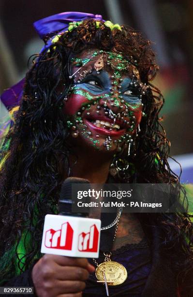 Elaine Davidson - the world's most pierced woman - during her guest appearance on MTV's TRL - Total Request Live - show at their new studios in...