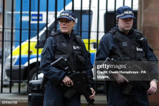 Armed police outside Newcastle Crown Court, where David Bieber is on trial accused of murdering traffic policeman Ian Broadhurst on Boxing Day....