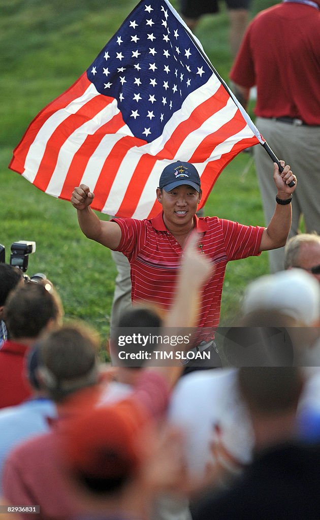 Anthony Kim celebrates Team USA's Ryder