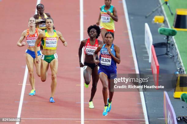 Ajee Wilson of United States wins heat one ahead of Noelie Yarigo of Benin and Egle Balciunaite of Lithuania of the womens 800 metres during day...