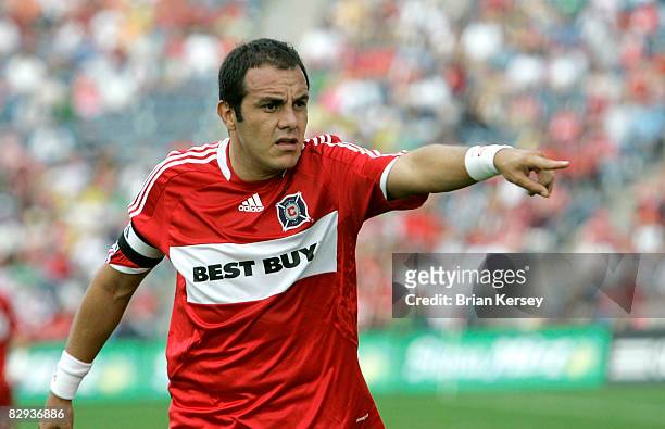 Cuauhtemoc Blanco of the Chicago Fire points against FC Dallas during the first half at Toyota Park on September 21, 2008 in Bridgeview, Illinois. FC...