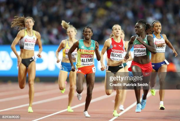Francine Niyonsaba of Burundi leads Habitam Alemu of Ethiopia in the womens 800m heats during day seven of the 16th IAAF World Athletics...