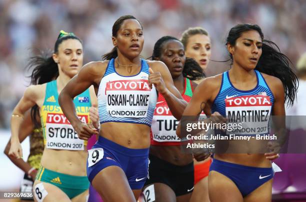 Shelayna Oskan-Clarke of Great Britain and Brenda Martinez of United States compete during heat two of the womens 800 metres heats during day seven...