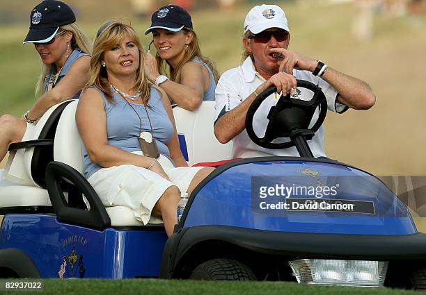 Miguel Angel Jimenez and his wife Montserrat Bravo Ramirez during the singles matches on the final day of the 2008 Ryder Cup at Valhalla Golf Club on...