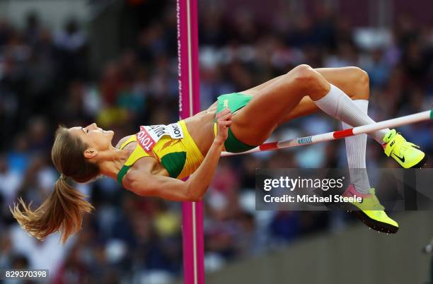 Airine Palsyte of Lithuania clears the bar as she competes during the womens high jump Qualification during day seven of the 16th IAAF World...