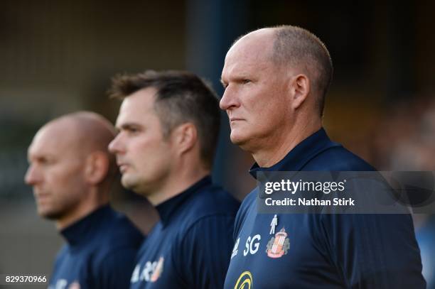 Simon Grayson manager of Sunderland looks on during the Carabao Cup First Round match between Bury and Sunderland at Gigg Lane on August 10, 2017 in...