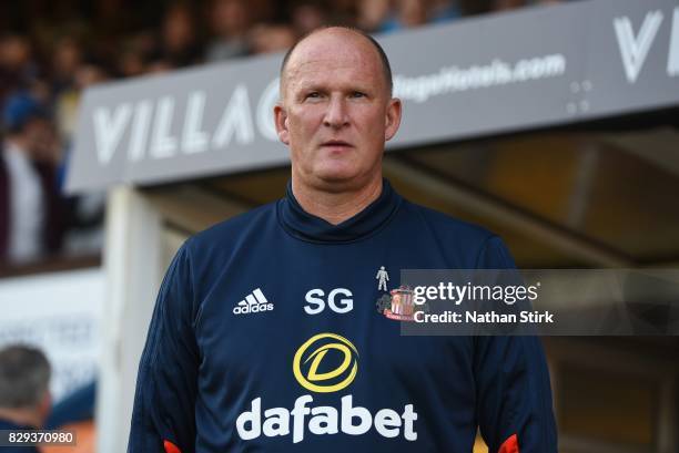 Simon Grayson manager of Sunderland looks on during the Carabao Cup First Round match between Bury and Sunderland at Gigg Lane on August 10, 2017 in...