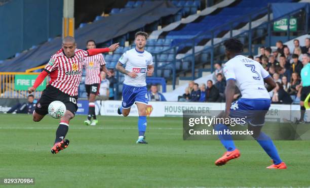 Wahbi Khazri of Sunderland has a shot during the Carabao Cup First Round match between Bury and Sunderland at Gigg Lane on August 10, 2017 in Bury,...