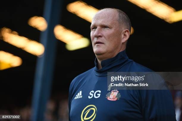 Simon Grayson manager of Sunderland looks on during the Carabao Cup First Round match between Bury and Sunderland at Gigg Lane on August 10, 2017 in...