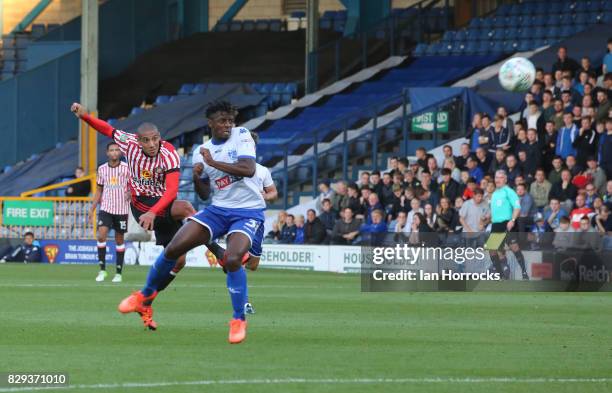 Wahbi Khazri of Sunderland has a shot during the Carabao Cup First Round match between Bury and Sunderland at Gigg Lane on August 10, 2017 in Bury,...