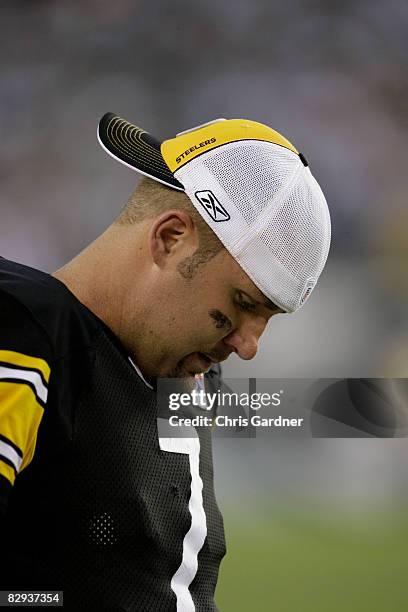 Ben Roethlisberger of the Pittsburgh Steelers reacts as he stands on the sideline during the second half of their game against the Philadelphia...