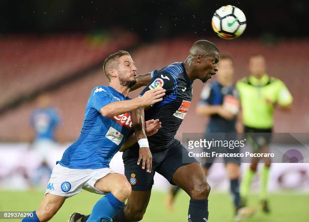 Player of SSC Napoli Dries Mertens vies with Espanyol player Papakouli Diop during the pre-season friendly match between SSC Napoli and Espanyol at...