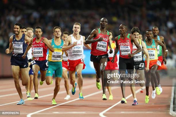 First place, Elijah Motonei Manangoi of Kenya leads second placed Asbel Kiprop of Kenya and third placed Timo Benitz of Germany across the finish...