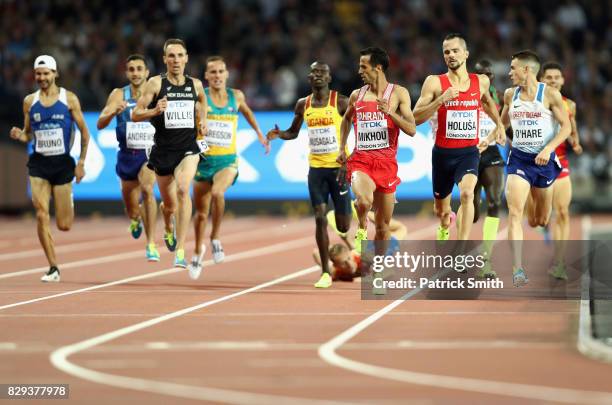 General view of the finish to heat two of the mens 1500 metres heats where Richard Douma of Netherlands falls over on final straight during day seven...