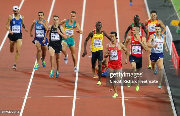 General view of the finish to heat two of the mens 1500 metres heats where Richard Douma of Netherlands falls over on final straight during day seven...